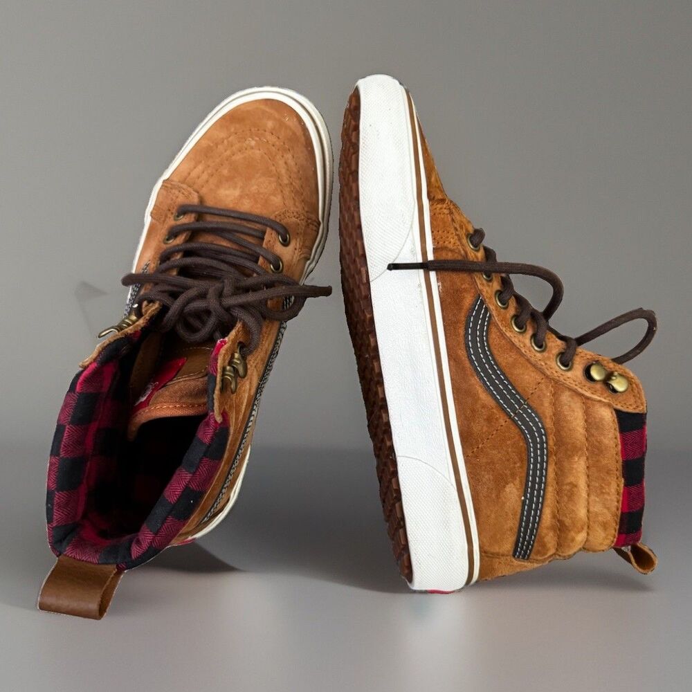EUC VANS Sk8-Hi MTE-1 Mens 6.5 Womens 8.0 Plaid Suede Leather Shoes Ginger Brown